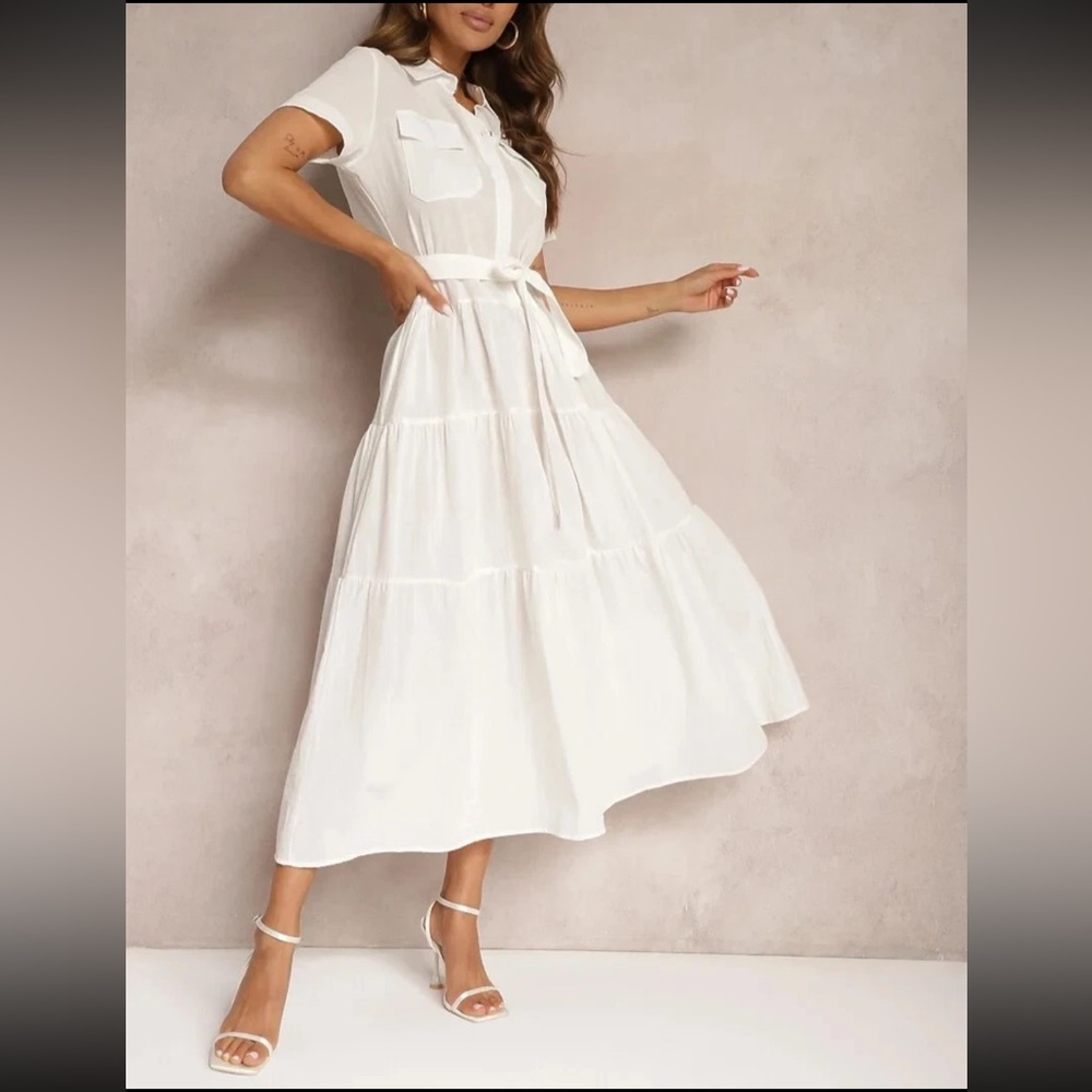 Elie Tahari Belted Tiered Linen Midi Shirt Dress in Sky White Size 2